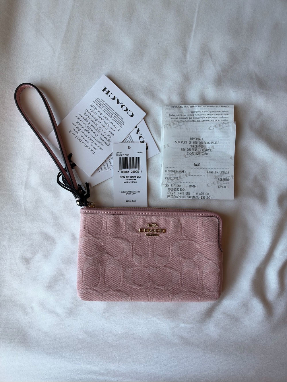Coach Pink Denim Signature Wristlet with Gold Logo